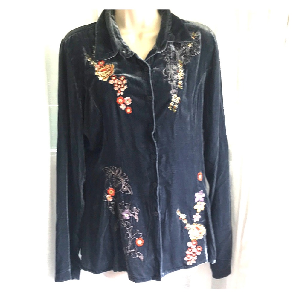 Blue, velvet, embroided shirt